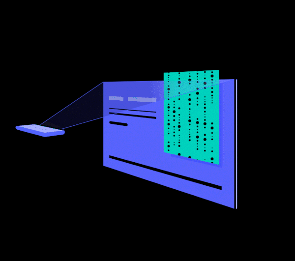 A phone projects an article; the beaded data panel hangs over the page — dark mode